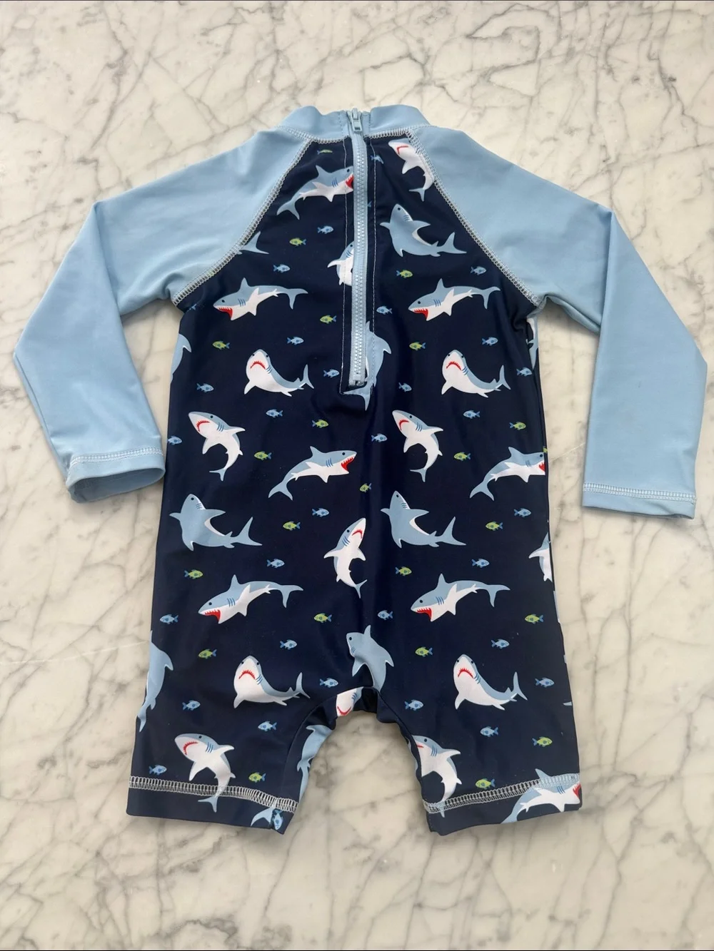 Boys Shark Print Long Sleeve Rash Guard Shortie Swim Romper, Blue Sz 24 Mo